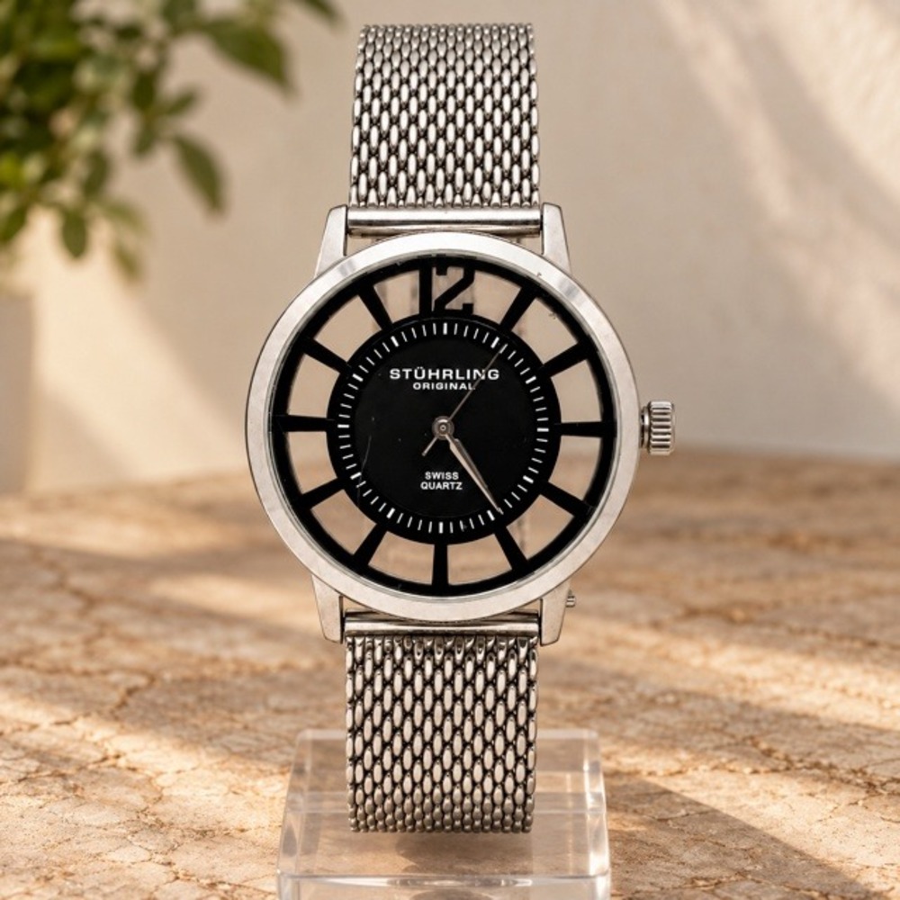 Stuhrling Original Swiss Quartz Watch Skeleton Dial Mesh Band Box Papers